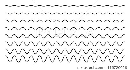 Set of curvy horizontal lines. Wavy borders. Sine or cosine curves. Water, fluid, air or wind symbols. River, sea, lake or ocean signs isolated on white background. Vector graphic illustration Set of curvy horizontal lines. Wavy borders. Sine or cosine curves. Water, fluid, air or wind symbols. River, sea, lake or ocean signs isolated on white background. Vector graphic illustration 116720028
