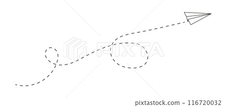 Paper plane icon with dashed path line and loops. Travel, vacation or business trip concept. Onlite letter symbol. Delivery, destination, idea, creativity or freedom sign. Vector graphic illustration 116720032