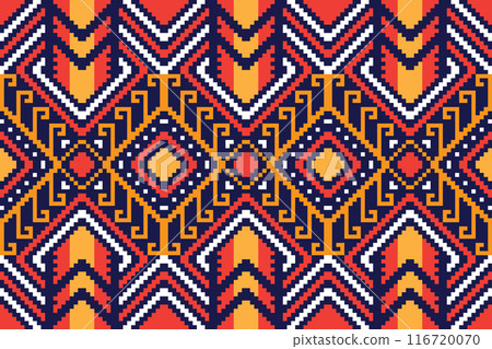 Fabric pixel abstract geometric pattern Thai stye design for clothing, fabric, background, wallpaper, wrapping, batik. Knitwear, Embroidery style. Aztec geometric art ornament print. 116720070