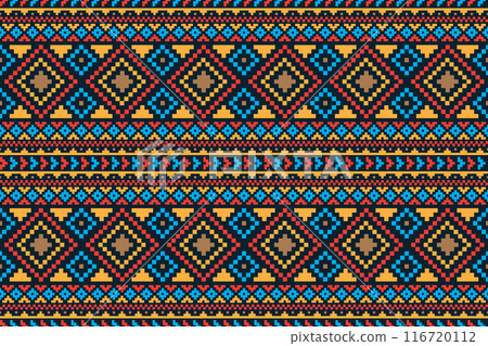 Abstract geometric fabric pattern seamless vector pixel design for clothing, fabric, background, wallpaper, wrapping, batik. Knitwear, Embroidery style. Aztec geometric art ornament print. Abstract geometric fabric pattern seamless vector pixel design for clothing, fabric, background, wallpaper, wrapping, batik. Knitwear, Embroidery style. Aztec geometric art ornament print. 116720112