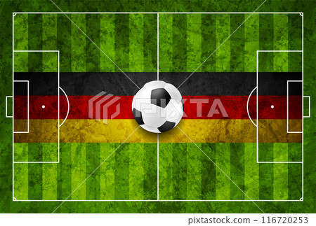 Soccer ball on football field with a German flag Soccer ball on football field with a German flag 116720253