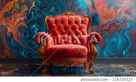 Vintage red velvet armchair against a vibrant abstract mural, artistic interior design concept 116720323