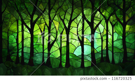 Stained glass art featuring a lush green forest 116720325