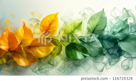 Colorful leaves transitioning from yellow to green with abstract smoke effect, nature transformation and seasonal change concept 116720326