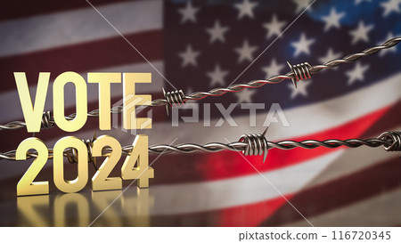 The gold text on flag for United States presidential election concept 3d rendering. The gold text on flag for United States presidential election concept 3d rendering. 116720345