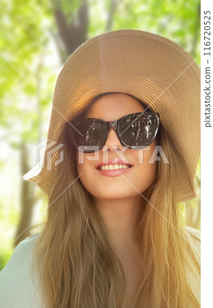 Beauty, summer holiday and fashion, face portrait of happy woman wearing hat and sunglasses, for skincare cosmetics, sunscreen spf lifestyle look idea Beauty, summer holiday and fashion, face portrait of happy woman wearing hat and sunglasses, for skincare cosmetics, sunscreen spf lifestyle look idea 116720525
