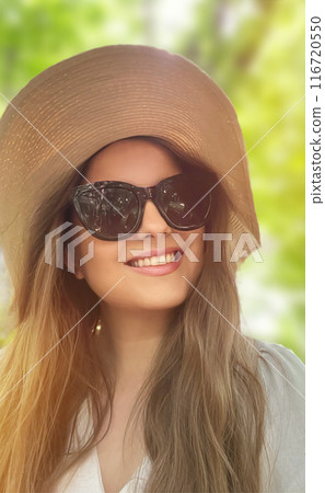 Beauty, summer holiday and fashion, face portrait of happy woman wearing hat and sunglasses, for skincare cosmetics, sunscreen spf lifestyle look idea Beauty, summer holiday and fashion, face portrait of happy woman wearing hat and sunglasses, for skincare cosmetics, sunscreen spf lifestyle look idea 116720550