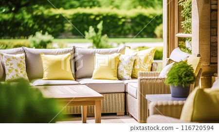 Garden furniture in the countryside in summer, home decor and interior design, post-processed, generative ai 116720594