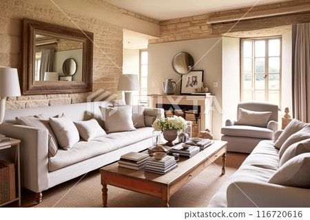 Cottage living room decor, sitting room and interior design, antique furniture, sofa and home decor in English country house and elegant farmhouse style idea 116720616