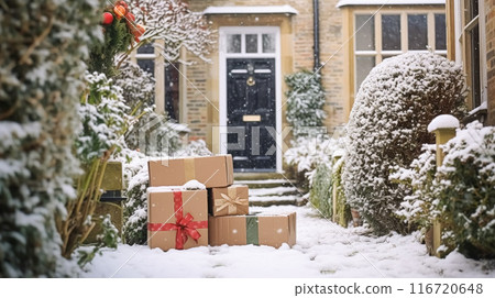 Christmas gifts delivery, postal service and holiday presents online shopping, wrapped parcel boxes on a country house doorstep in a snowing winter, post-processed, generative ai 116720648