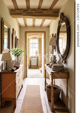 Old cottage hallway decor, interior design and house improvement, antique entryway furniture, stairway and entrance hall home decor in an English country house style, post-processed, generative ai Old cottage hallway decor, interior design and house improvement, antique entryway furniture, stairway and entrance hall home decor in an English country house style, post-processed, generative ai 116720659
