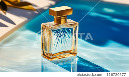 Luxury womens fragrance, bottle of perfume scent by the swimming pool in summer, bespoke perfumery and beauty product sale commercial, post-processed, generative ai 116720677