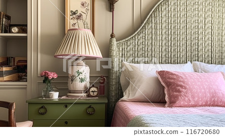 Beautiful English cottage bedroom interior with pink and sage green decor 116720680