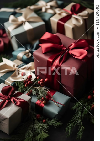 Classic Christmas presents and holiday gifts, wrapped gift boxes under Christmas tree, boxing day and holidays shopping, post-processed, generative ai Classic Christmas presents and holiday gifts, wrapped gift boxes under Christmas tree, boxing day and holidays shopping, post-processed, generative ai 116720683