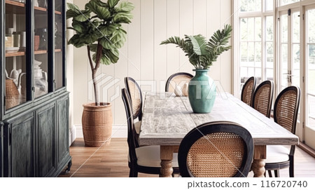 Wooden cottage dining room decor, interior design and country house furniture, home decor, table and chairs, English countryside style interiors Wooden cottage dining room decor, interior design and country house furniture, home decor, table and chairs, English countryside style interiors 116720740