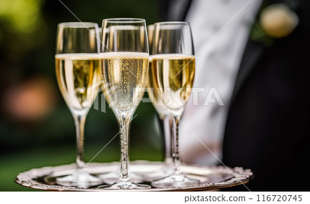 Luxury service, glasses of champagne served by a waiter at a wedding celebration or event in formal English style at luxurious hotel or country estate garden, post-processed, generative ai Luxury service, glasses of champagne served by a waiter at a wedding celebration or event in formal English style at luxurious hotel or country estate garden, post-processed, generative ai 116720745