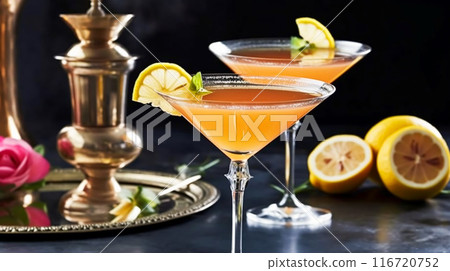 Drinks, cocktails and holiday party celebration recipe, citrus cocktail in martini glasses, post-processed, generative ai 116720752