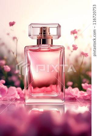 Luxurious floral scent, fragrance bottle and pink flowers, perfume commercial in flower garden, bespoke perfumery and beauty product sale, post-processed, generative ai 116720753