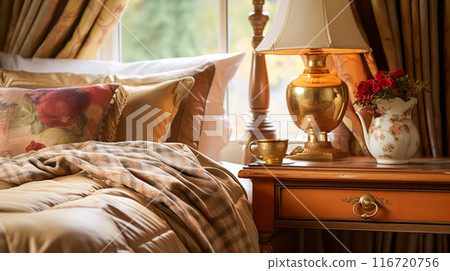 Bedroom decor, interior design and autumnal home decor, bed with silk satin bedding, bespoke furniture and autumn decoration, English country house, holiday rental and cottage style idea 116720756