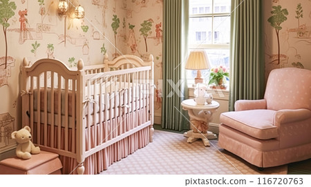 Nursery decor, pastel interior design and children home decor, baby room crib bed and country furniture, English countryside house style interiors Nursery decor, pastel interior design and children home decor, baby room crib bed and country furniture, English countryside house style interiors 116720763