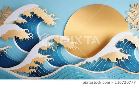 Japanese painting, sea, wave, landscape, sumi-e, ink painting, watercolor, gold, brush, art, washi paper, background material 116720777