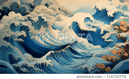 Japanese painting, sea, wave, landscape, sumi-e, ink painting, watercolor, gold, brush, art, washi paper, background material 116720778