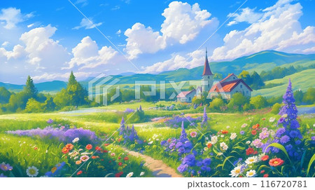 鮮花盛開的山上的教堂：和平的風景 116720781