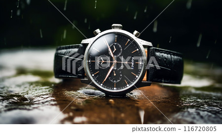 Waterproof luxury mens watch on the stone under the rain, commercial concept, bespoke water resistant design, post-processed, generative ai 116720805