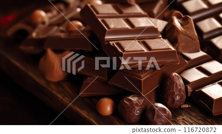 Chocolate, food and sweets, crushed fresh milk chocolates bars, post-processed, generative ai 116720872