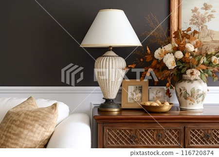 Autumnal home decor and interior design, furniture and interior decoration accessories, soft furnishings, upholstery and textiles in English country house and elegant cottage style, post-processed 116720874