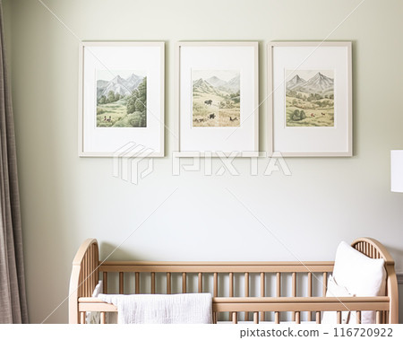 Nursery gallery wall, home decor and wall art, framed art in the English country cottage interior, room for diy printable artwork mockup and print shop idea 116720922
