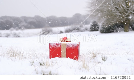 Christmas holiday gift and present, gift box in the snow in snowfall winter countryside nature for boxing day, holidays shopping sale idea 116720931