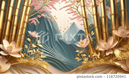 Japanese mountain scenery, Japanese style, Japanese pattern, Mt. Fuji, bamboo, cherry blossoms, frame, wallpaper, background 116720941