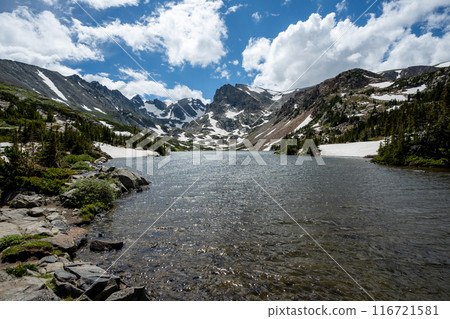 Lake Isabelle in Indian Peaks Wilderness, Colorado under sunny summer clouds. Lake Isabelle in Indian Peaks Wilderness, Colorado under sunny summer clouds. 116721581