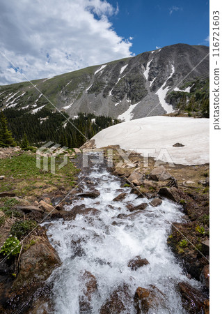 Melting glacier on Lake Isabelle Trail, Colorado under sunny summer cloudscape. Melting glacier on Lake Isabelle Trail, Colorado under sunny summer cloudscape. 116721603