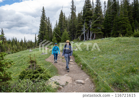 Hikers on Lake Isabelle Trail in Brainard Lake Recreation Area, Colorado. Hikers on Lake Isabelle Trail in Brainard Lake Recreation Area, Colorado. 116721615
