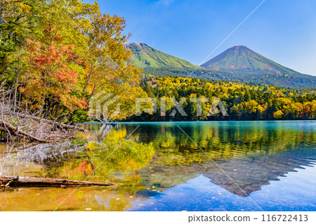 Hokkaido Onneto dyed in autumn leaves - Mt. Meakan and Mt. Akan Fuji reflected on the lake surface - 116722413
