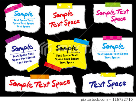 Set of torn paper with tape and shadow - black background 116722710