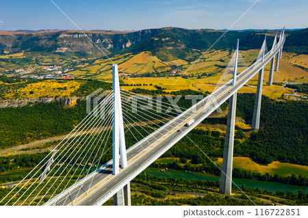 Aerial view of multispan cable stayed Millau Viaduct, France 116722851
