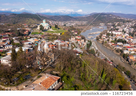 View from drone of historical districts of Kutaisi with Bagrati Cathedral 116723456