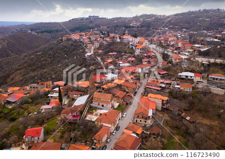 Spring view from drone of Signagi township on hill, Georgia 116723490