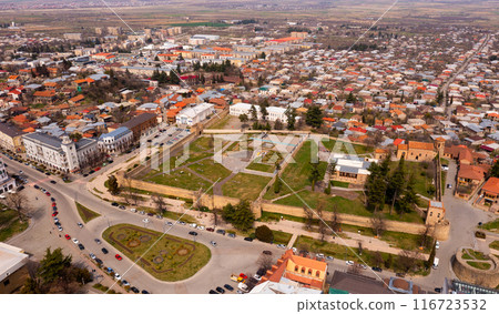 View from drone of Telavi overlooking Batonis Tsikhe fortress 116723532