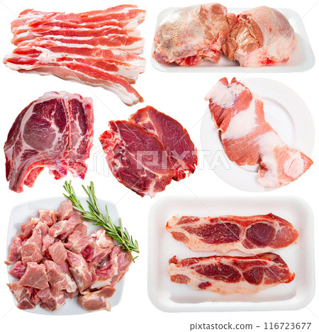Assorted types of raw pork meat isolated Assorted types of raw pork meat isolated 116723677