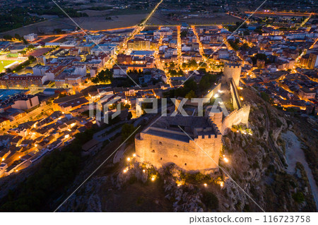Scenic view of evening city of Castalla and the medieval castle. Spain Scenic view of evening city of Castalla and the medieval castle. Spain 116723758