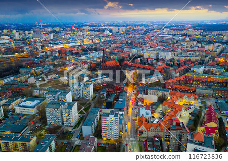View from drone of Katowice cityscape at twilight 116723836