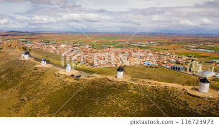 Aerial view of Wind mills at knolls at Consuegra, Toledo region 116723973