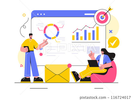 Market Research and Analysis Vector Illustration with Team Management and Analytics for Creating Data Statistics in a Flat Style Cartoon Background 116724017