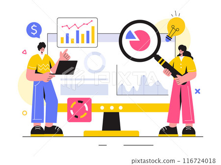 Market Research and Analysis Vector Illustration with Team Management and Analytics for Creating Data Statistics in a Flat Style Cartoon Background 116724018