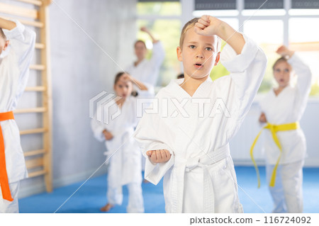 Children students repeat position and perform sequence of punches and painful techniques kata 116724092
