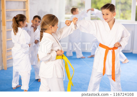 Young pupils train to perform defensive karate installations and attacking combat techniques Young pupils train to perform defensive karate installations and attacking combat techniques 116724108